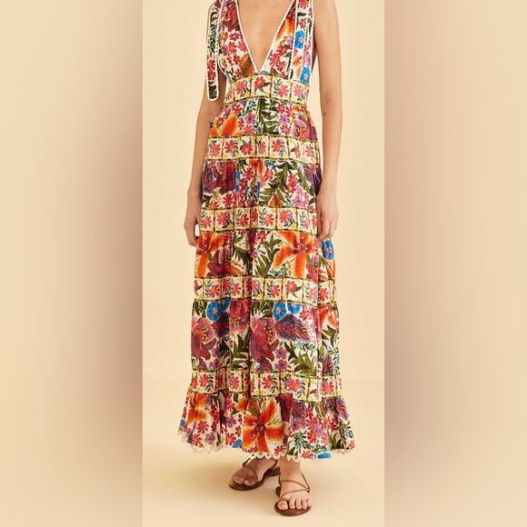 Farm Rio NWT Off-White Tropical Yard Sleeveless‎ Midi Dress- Small - Picture 1 of 12